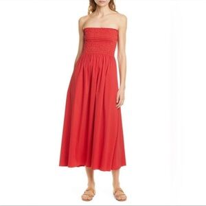 La Ligne Meredith Smocked Bodice Strapless Striped Midi Dress Size Large